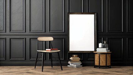 Dark dramatic room with vertical blank poster on a chair, styled with books and a paneled black wall