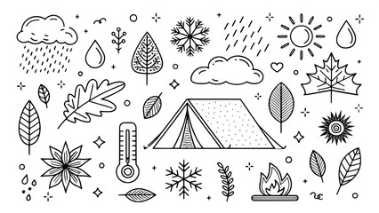 Black-and-white doodle icons of seasonal camping elements, such as falling leaves, snowflakes, sun, raindrops, a thermometer, and seasonal campsite setups. Cleanly laid out in a grid with a balanced, 