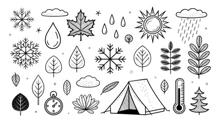 Black-and-white doodle icons of seasonal camping elements, such as falling leaves, snowflakes, sun, raindrops, a thermometer, and seasonal campsite setups. Cleanly laid out in a grid with a balanced, 