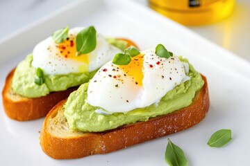 Fresh avocado toast with sunny-side up egg and basil on artisan bread