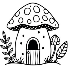 Adorable mushroom house with round spots and a small door is surrounded by foliage