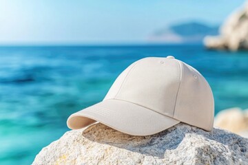 Beige cap on rock by the sea: minimalist coastal fashion scene