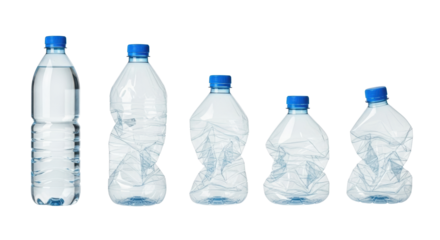 Five clear plastic water bottles with blue caps, arranged horizontally from pristine full to completely flattened, on a transparent studio background with copy space, environmental concept of plastic