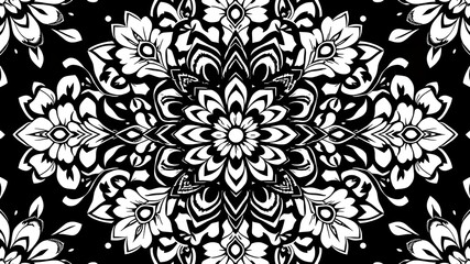 A symmetrical black and white floral pattern with intricate details and a central flower design element