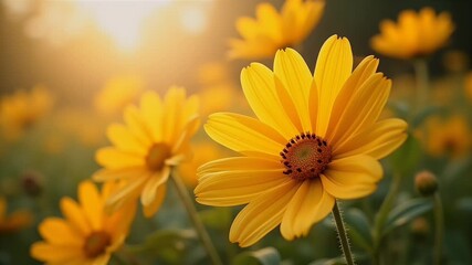 Morning sun backlights giant yellow blossoms petals glowing softly expanded title celebrates calm countryside essence pastel K beauty use skincare ads romantic slideshows mindfulness