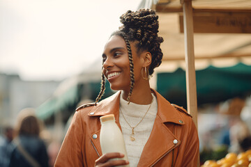 Young American woman with braided hair smiling and holding a bottle at an outdoor market, wearing a leather jacket and gold jewelry, suitable for lifestyle, sustainability, fashion content. reusable