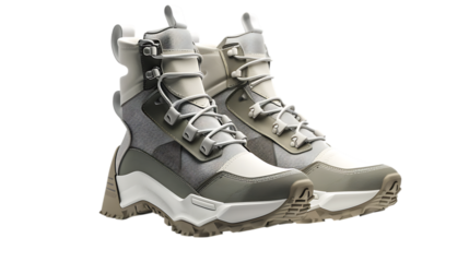 A pair of high top hiking boots in shades of gray and white, with a rugged sole and lace up closure
