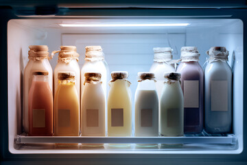 Minimal refrigerator interior with rows of assorted bottled drinks in glass jars, clean modern aesthetic ideal for branding, product photography and healthy lifestyle visuals. vegan, light, design