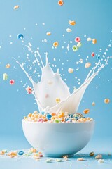 Vibrant cereal and milk splash in white bowl on blue background