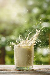 Close-up of splashing plant-based milk in a glass with natural green background, dynamic and refreshing image ideal for health, nutrition and eco-product branding. energy, protein, slowmotion, creamy