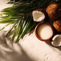 Coconut milk in a rustic bowl on sand with palm leaves and halved coconuts, tropical natural setup ideal for skincare, wellness, food branding. nature, hydration, wellness,  beach, bowl, green