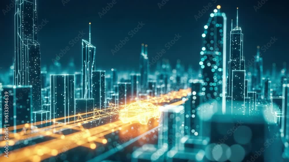 Poster a futuristic cityscape illuminated by glowing lines of light representing data flow with high-tech s