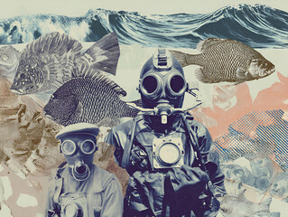 Surreal collage with vintage deep-sea divers, detailed fish engravings and ocean waves in a mixed media style, suitable for conceptual art projects, album covers, editorial illustrations. sketch, draw