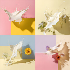 Creative collage of milk splashes with flowers on colorful pastel backgrounds, dynamic and artistic layout suitable for food branding, cosmetics, advertising. motion, aesthetic, modern, clean, nature