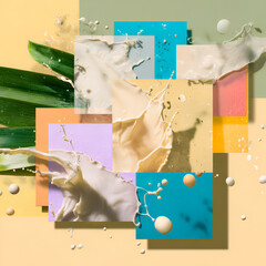 Creative collage of colorful splashes of milk layered over pastel and bold geometric shapes, mixed with botanical leaves, perfect for modern branding, packaging design. skincare, mix, botanical, eco