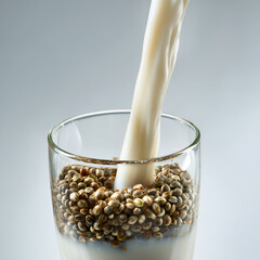 Hemp milk being poured into a glass filled with hemp seeds, close-up macro detail with clean background, perfect for superfood, health, plant-based nutrition visuals. healthy, organic, drink, dairyfre