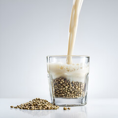 Hemp milk being poured into a glass filled with hemp seeds on a white background, perfect for plant-based nutrition promotions, health food packaging, wellness content. organic, superfood, dairyfree