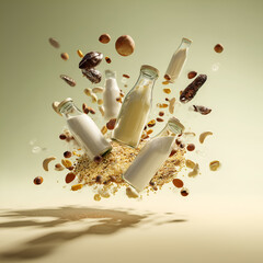 Assortment of plant-based milks in glass bottles floating with nuts, seeds, grains on soft green background, ideal for vegan branding, nutrition campaigns, food packaging concepts. dairyfree, organic
