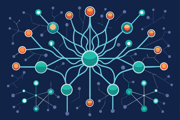 Abstract digital network design with interconnected nodes and connections illustrating data flow and neural networks