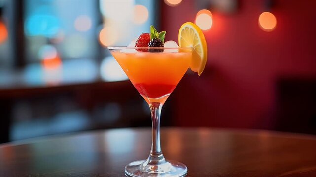 Martini coupe filled jewel toned fruit elixir rests against scarlet backdrop where dramatic key lighting creates seductive shadows elongated title underscores glamorous K vertical orientation
