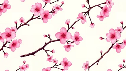 A seamless pattern of pink cherry blossoms on branches against a white background in a watercolor style