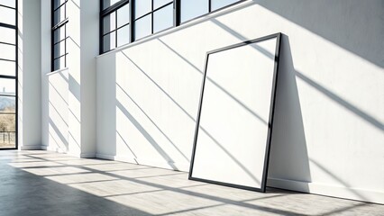 Bright display featuring large blank poster leaning vertically on floor with dramatic light and shadows