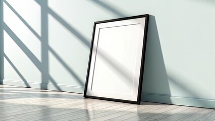 Contemporary frame mockup with black-bordered blank canvas upright on a light wall with studio lighting
