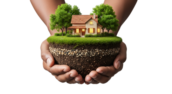 Hands holding a miniature house and trees on a patch of earth isolated on transparent background