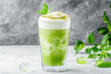 Refreshing iced matcha latte with ice cubes and green tea leaves on a wooden coaster