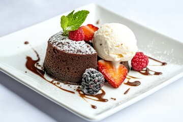 Decadent chocolate lava cake with berries and vanilla ice cream on plate