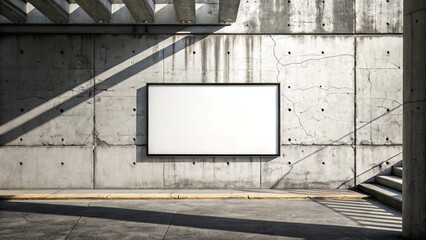 Industrial-style mockup with horizontal blank poster on a concrete wall and deep shadows for bold design