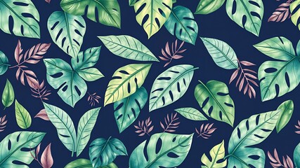 A seamless pattern of watercolor tropical leaves on a dark blue background with artistic rendering