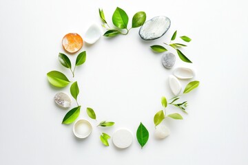 Circular composition of green leaves and flowers on a white background