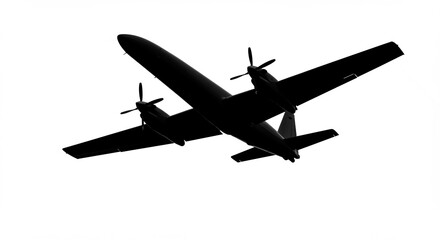 黒く浮かぶ双発プロペラ機 力強いシルエット 空高く. AI Generated