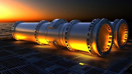 Obraz premium Industrial Pipeline Structure with Sunset Water Reflection