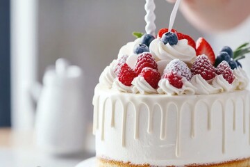 Elegant berry-topped cake on stand with fresh mint garnish in bright kitchen