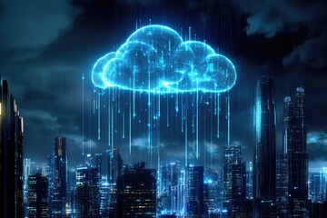 Futuristic digital cloud over cityscape at night: technology and innovation imagery