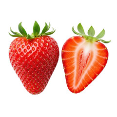 A whole, vibrant red, ripe strawberry with green sepals and a halved one showing juicy flesh, white core, yellow seeds, on a transparent studio background with soft lighting, no shadows, macro