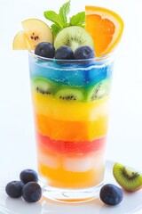Vibrant layered fruit smoothie in a jar with fresh mint and berries