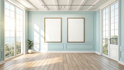 Bright gallery room featuring two large vertical blank frames on a light blue wall, styled with clean wooden flooring and soft natural light