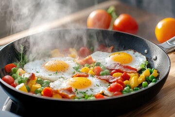 Campfire breakfast: sizzling bacon, eggs, and vegetables in a rustic setting