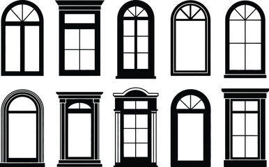 Illustration of ten different window designs in black and white outline