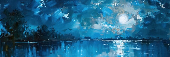 Night scene over a tranquil body of water, with a full moon and dramatic clouds