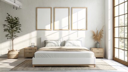 Minimalist bedroom scene with two wooden blank frames above a white bed, styled with soft daylight, neutral linens, and wall shadows