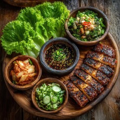 Korean kimchi dish served on wooden platter with fresh lettuce, dipping sauce, grilled meat, and assorted side dishes showcasing vibrant colors and textures for culinary delight