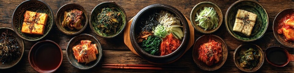 Korean kimchi dish served in traditional bowls on wooden table, featuring vibrant colors and various side dishes, showcasing rich culinary heritage and cultural significance