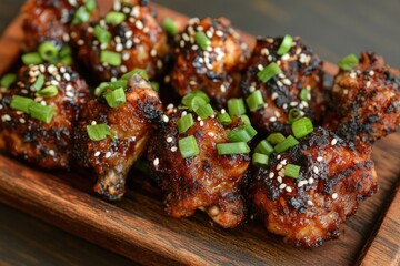 Delicious glazed chicken wings with green onions on wooden board