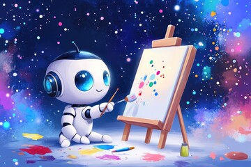 Cute robot painting canvas with colorful splashes in art studio