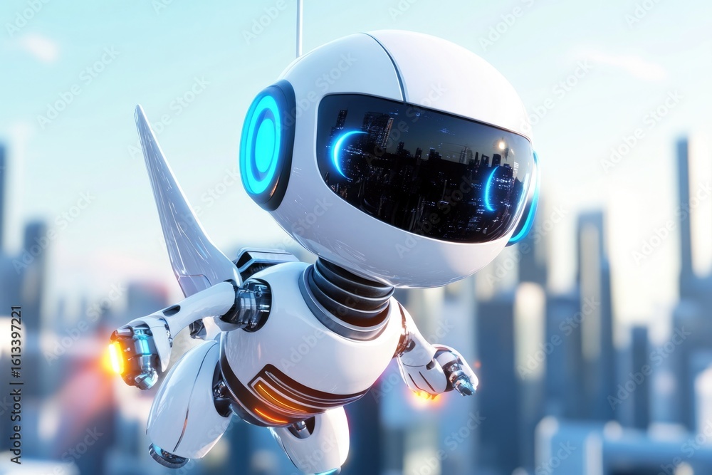 Poster futuristic white robot exploring urban skyline with ai technology in a dynamic flying scene