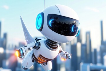 Futuristic white robot exploring urban skyline with ai technology in a dynamic flying scene